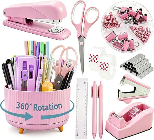 Gawsey Pink Desk Organizers and Accessories with Desk Organizer 360° Rotating Pen Holder and Office Supplies, Cute Stationery Supplies Set