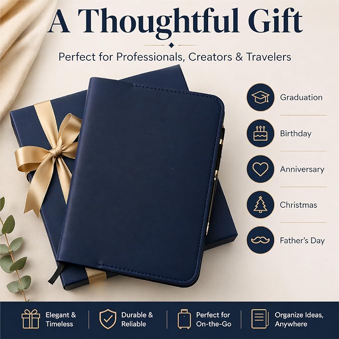 Blue Leather Journal Cover XL – Handmade Refillable Notebook Holder with Pen Loop, B5 Writing Organizer for Office, Travel & Professional Use 7.5 x 9.5