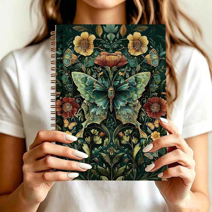 Dark Green Butterfly Journal Notebook 5.5x8.3, William Morris Inspired Insect Journal, Butterfly Gifts for Women, Art Nouveau Floral Botanical Notebooks for Work