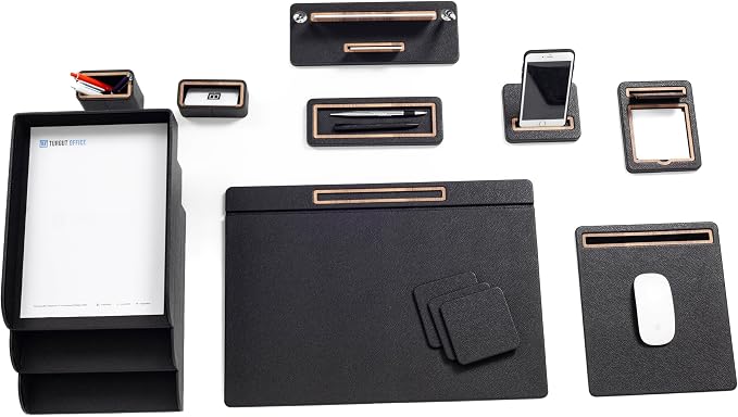 Capella 12-Piece Luxury Leather Desk Organizer Set, Black | Executive Office Accessories, Triple Document Tray, Covered Desk Pad, Personalized Nameplate