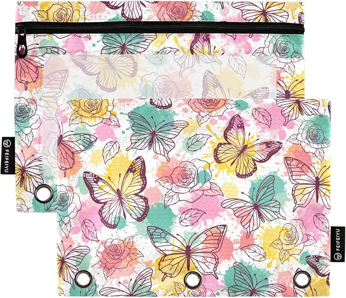 Butterfly Pencil Pouches for 3 Ring Binder 2 Pack | Binder Pencil Case With Zipper Reinforced GrommetsPencil Bags for Office Organizers