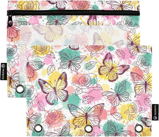 Butterfly Pencil Pouches for 3 Ring Binder 2 Pack | Binder Pencil Case With Zipper Reinforced GrommetsPencil Bags for Office Organizers