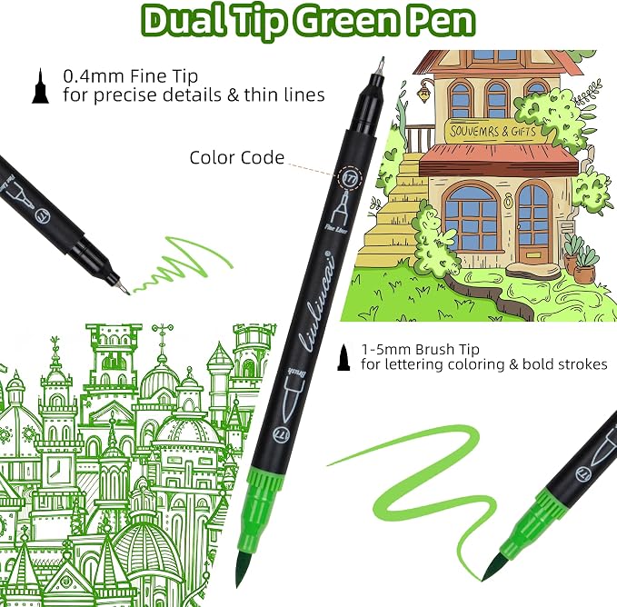 LIULIUCAI 10 Green Dual Markers, Fine & Brush Tip Pen for Adult Coloring | Lush Green Markers, Colored Pens for Landscapes, Leaves, Nature Journals, Botanical Art, Drawing Illustration Lettering