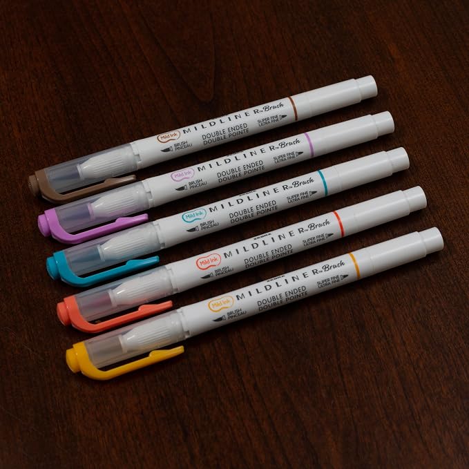 Zebra Pen MILDLINER No Bleed Brush Pen, Assorted Warm, Dual Tip, 5-Pack