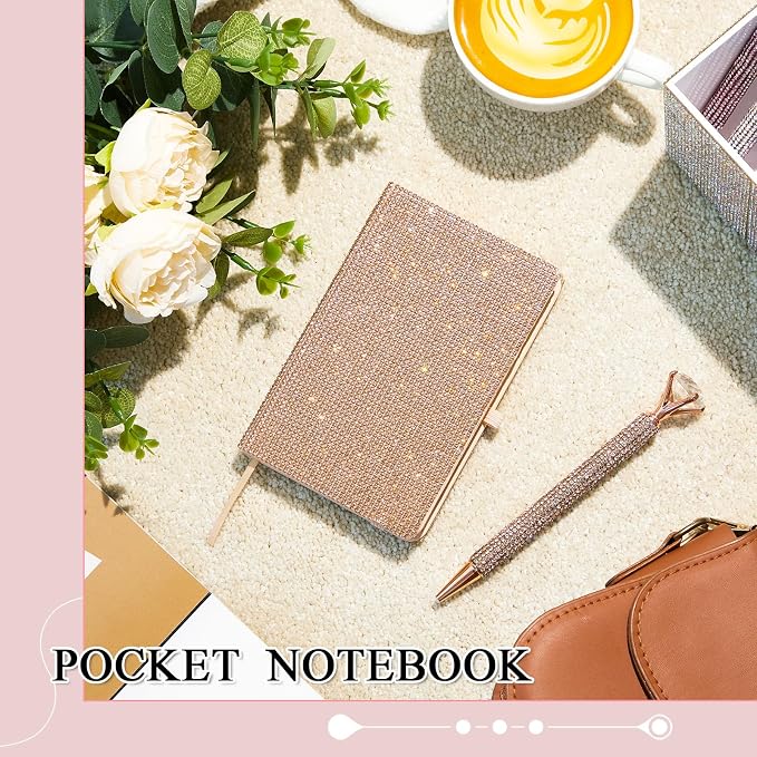 Rhinestone Pen & Glitter Notebook Set, Hard Cover Bling Diary Journal for Girls, Cute School Supplies for Back to School, Sparkly Desk Accessories Gift for Women(Rhinestone,A6,Rose Gold)