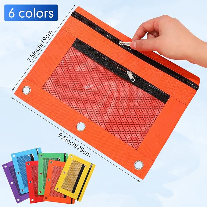 Leelosp 48 Pack Pencil Pouch for 3 Ring Binder Mesh Zipper Pencil Case Bags Binder Pouches Bulk for School Writing Utensils Storage Supplies (Red,Orange,Yellow,Green,Aqua,Purple)