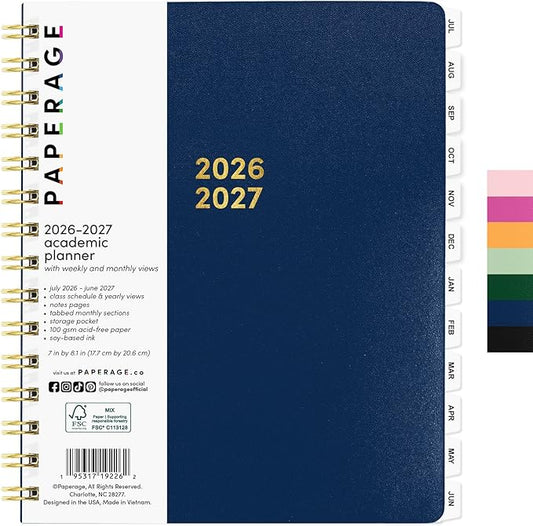 PAPERAGE Academic Planner, Weekly & Monthly Planner & Calendar, 12-Months, July 2026 - June 2027, (7" x 8"), School & Student Planning Agenda with Tabs, Bonus Pages & Inner Pocket, royal Blue