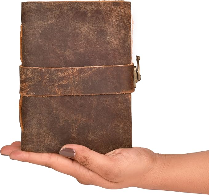 LEATHER VILLAGE Leather Bound Vintage Journal for Women & Men - Book of Shadows - Lock Closure - 200 Pages of Antique Deckle Edges Handmade Watercolor Paper - Rustic Brown - 10X7 inches