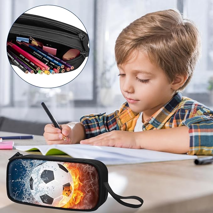 TILYTADLY Large Pencil Case for Boys - Soccer Boys Pencil Pouch with Zipper Compartments - Big Capacity Pen Box Pen Bag Organizer with Keychain for Kids Teens School