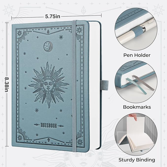 EMSHOI Blank Journal Notebook, 320 Pages, A5 Size (5.7'' x 8.3'') | Leather Hardcover, 100 GSM Thick Paper, Unlined, Plain, for Sketching, Drawing, Painting, Sun Debossed (Gray Blue)