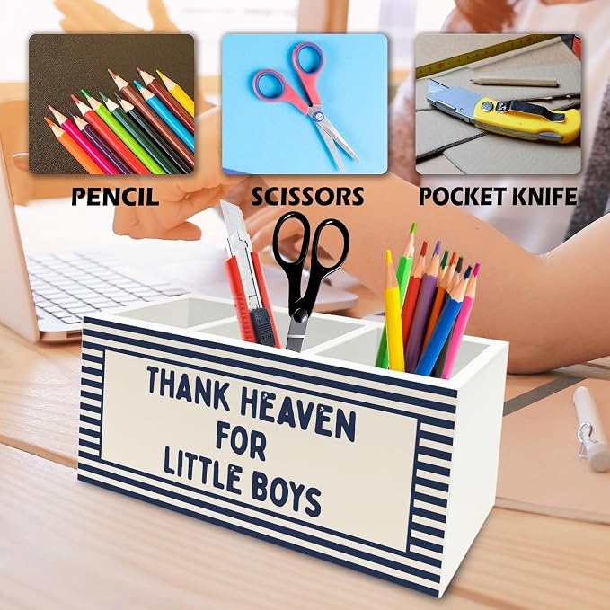 Christian Nursery Kids Pen Pencil Holder Organizer for Desk, Thank Heaven for Little Boys Blue Striped Wooden Box Signs Decorations for Boys Room Bedroom Playroom Desk Tabletop