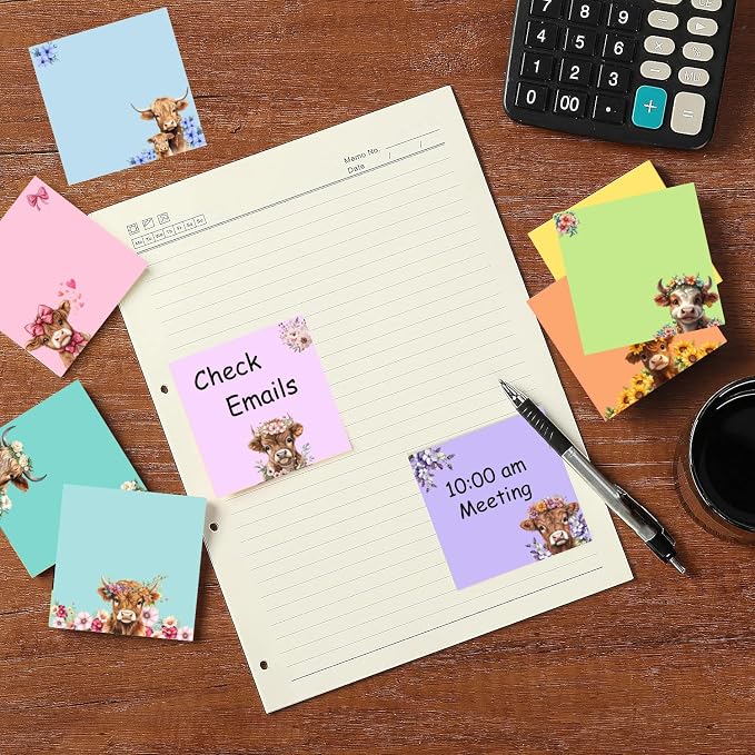 9 Pads Highland Cow Sticky Notes Set, Cute Self-Stick Notepads, Super Adhesive Memo Pads Note Card, Funny Office Decor Gifts, Desk Accessories for Students, Teacher and School Supplies, 3x3in