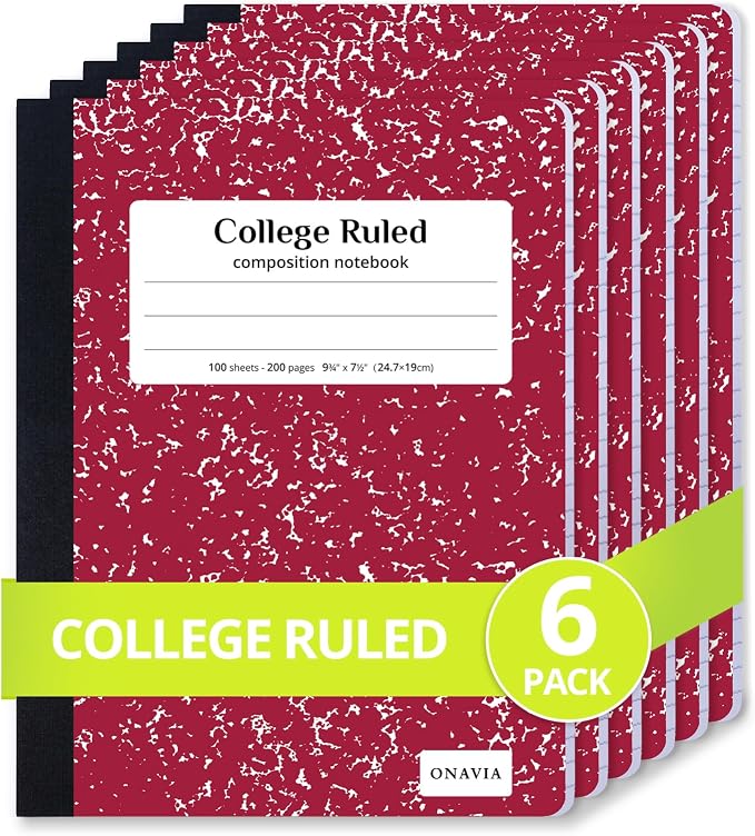 ONAVIA Composition Notebook College Ruled 6 Pack, 200 Pages, Marble Red | 100 ct, 9.75 x 7.5 in, Durable Comp Book, School Notebooks, Students, Note Taking, Writing, Teachers
