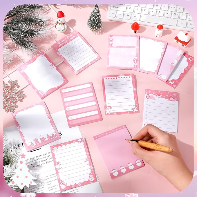 Chiisong 12 Pcs Christmas Sticky Notes Pink Christmas Notepad Santa Snowflake Snowman Self Adhesive Memo Pads Xmas Gift Cute Decorative Notepad Winter Party Favor for Office Winter Holiday Gift