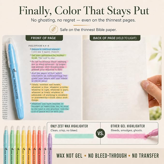 10 Pack Bible Safe Highlighters - Sorbet Color, Wax Highlighters | No Bleed, Scripture Markers for Journaling, Study Accessories and School Supplies