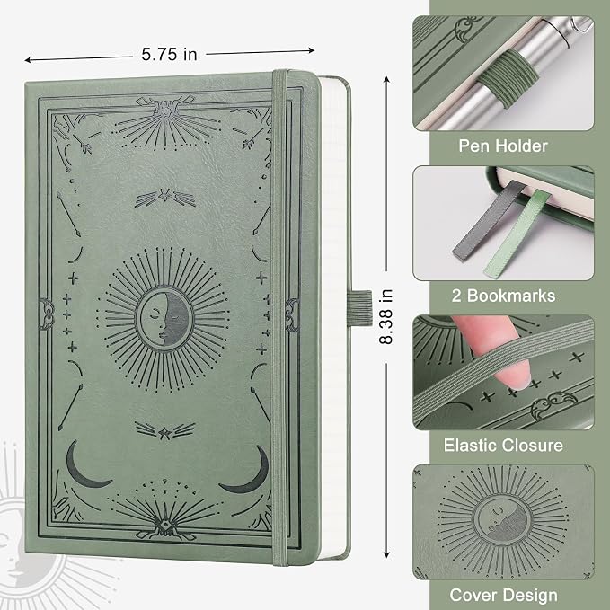 Dotted Journal Notebook for Women Men, 192 Pages, A5 (5.7'' x 8.3'') | Hardcover Leather Notebook with 100GSM Thick Paper for Traveling, Journaling, Planning, Tracking (Light Green)