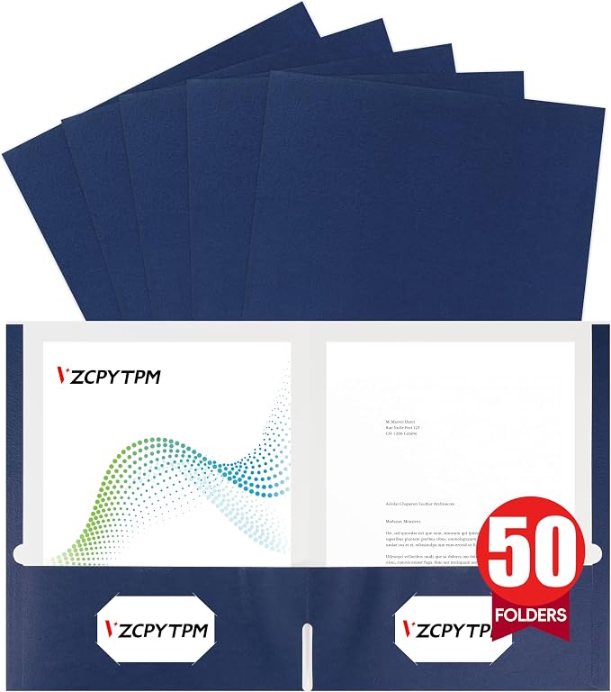 VZCPYTPM 50 Pack Navy Blue Folders with Pockets,2 Pocket File Folders for Letter Size (8.5 x 11 Inch),Professional Design with Business Card Slot for Office and School Organization