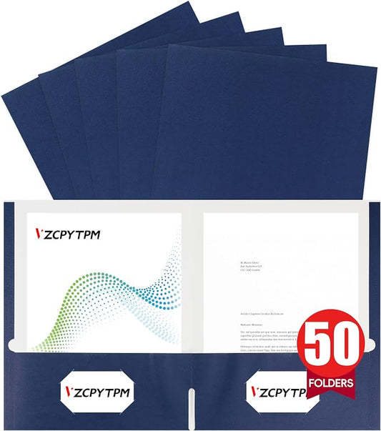 VZCPYTPM 50 Pack Navy Blue Folders with Pockets,2 Pocket File Folders for Letter Size (8.5 x 11 Inch),Professional Design with Business Card Slot for Office and School Organization