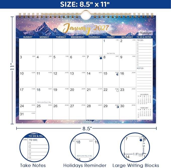 2027 Calendar - 2027 Wall Calendar, JAN 2027 - DEC 2027, 8.5" x 11" | 2027 Wall Calendar 12 Month with Hanging Hook, To-do & Notes, Perfect for Classroom, Home and Office Organization