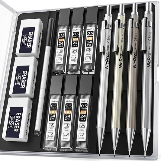 Nicpro 4 Pack Mechanical Pencil 0.5 mm with Case, MB1000 Metal Mechanical Pencil Set with 6 Tube HB #2 Lead Refill 0.5mm, 3PCS 4B Eraser, 9 Cap Eraser for Artist Drafting Writing, Sketching, Drawing | 6 Tube HB #2 Lead Refill 0.5mm, 3PCS 4B Eraser, 9 C...