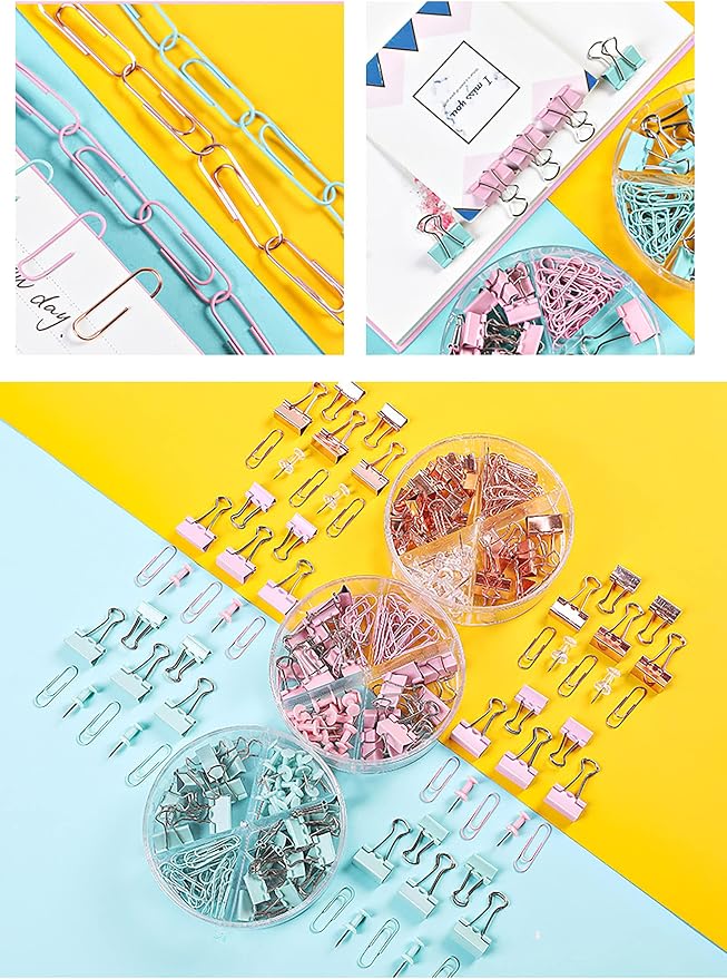 72 Pcs Pink Small Binder Clips, Paper Clips and Thumbtack for Office Work School and Home Supplies (72pcs Mixed, Pink)