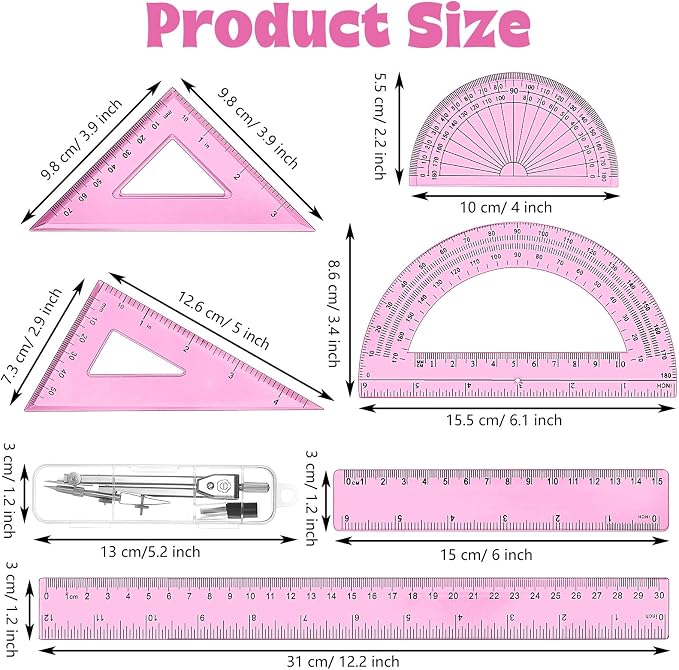 Zonon 7‑Piece Geometry Set with Drawing Compass, 6 & 4 Inch Protractors, Triangle Rulers and Straight Rulers, Transparent Math Drafting Supplies for Back to School, Students and Office Use(Pink)