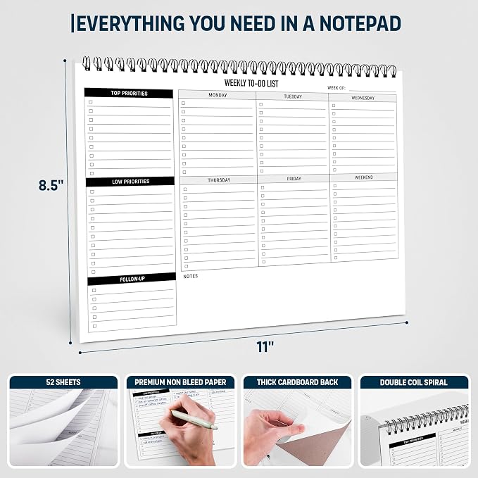 Weekly Planner To Do List Pad - 8.5x11" 52 Sheets Spiral - Desk Notepad | with Multiple Sections, Undated Planning Notebook Checklist, Todo List Agenda Plan, Notebook for Work
