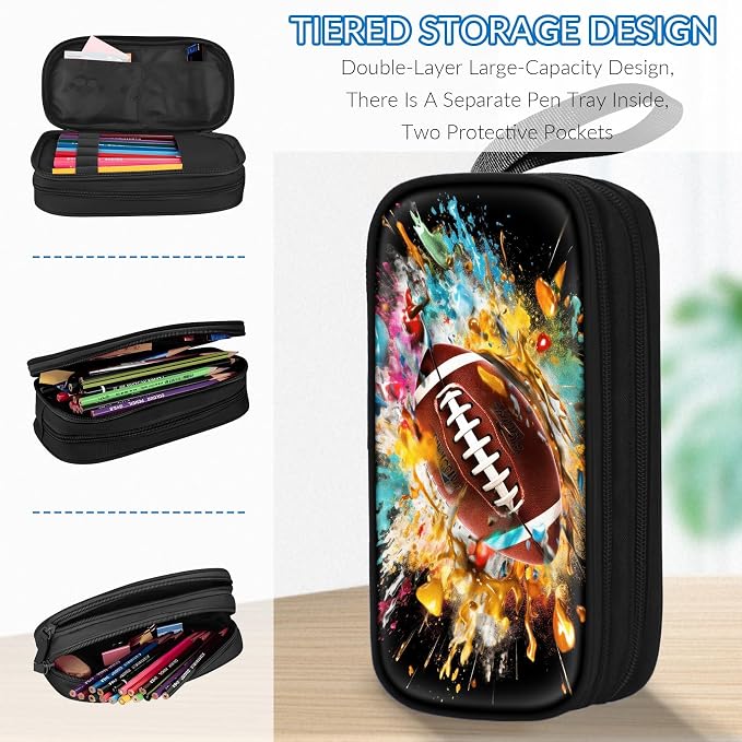 TILYTADLY Large Pencil Case for Boys - American Football Boys Pencil Pouch with Zipper Compartments - Big Capacity Pen Box Pen Bag Organizer with Keychain for Kids Teens School