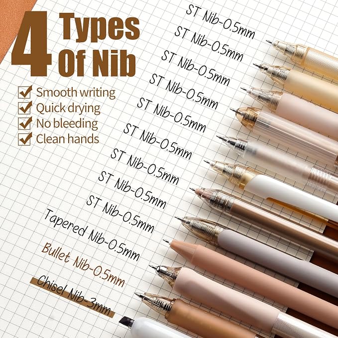 Four Candies Brown Pens, Black Gel Ink, Moor - 12ct, 0.5mm Fine Point | Boho Aesthetic Office Decor & Desk Accessories, Neutral Beige School Supplies, Journaling