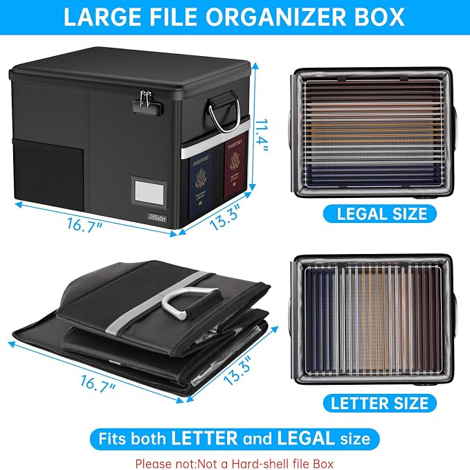 5200℉ Fireproof Document Box with Lock, Black | Waterproof File Organizer with Handle, Portable Collapsible Filing Cabinet for Hanging Letter/Legal Folders
