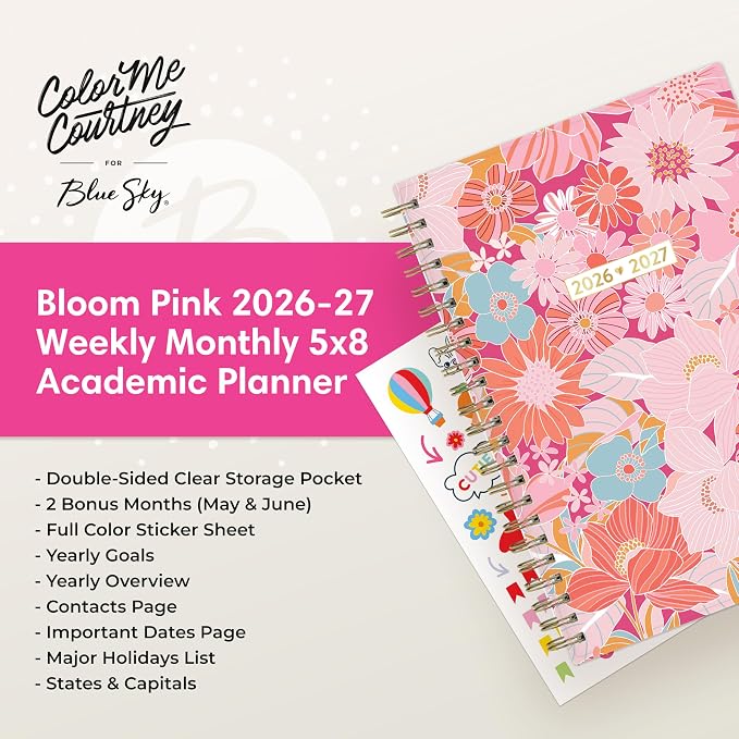 Blue Sky 2026-2027 Weekly & Monthly Academic Planner, 5"x8", Bloom Pink | July 2026 - June 2027, Flexible Cover, Wirebound, Laminated Tabs, Storage Pocket, Stickers, Academic Year, Color Me Courtney