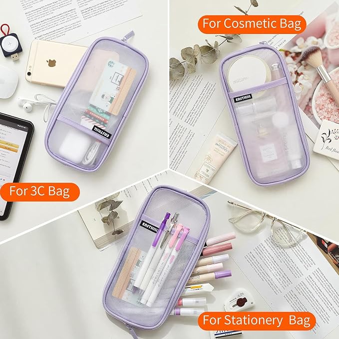 EASTHILL Grid Mesh Pen Pencil Case with Zipper Clear Makeup Color Pouch Cosmetics Bag Multi-Purpose Travel School Teen Girls Transparent Stationary Bag Office Organizer Box for Adluts(Purple)