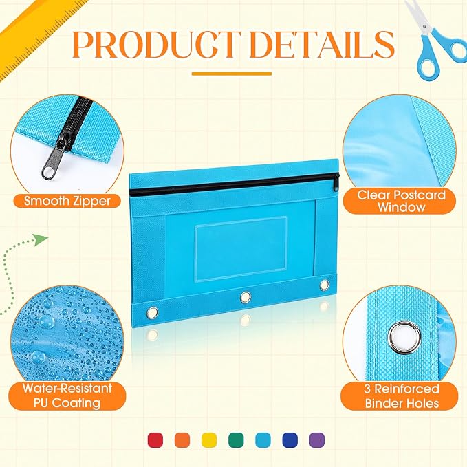 Zhehao 100 Pcs Zipper Binder Pencil Pouches:3 Ring Binder Pencil Pouches with Window Bulk Clear Pen Bags Case for Office School Classroom Supplies(Novel Color,Single Layer)