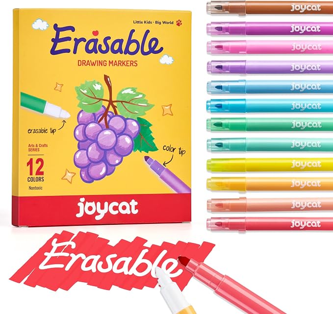 JoyCat 12-Color Erasable Markers for Kids, Dual Tip Magic Pens for Paper | Erasable highlighters use white tips to correct details and reveal notes, ideal for school projects, journaling and crafts.
