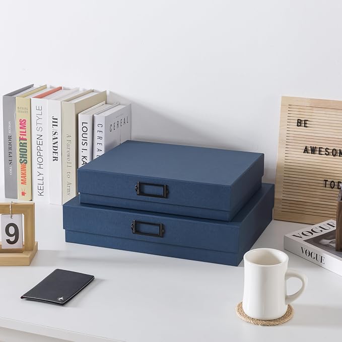 Soul & Lane - Legal Size Document Storage Boxes with Lids, Set of 2, Blue | A3 Decorative Boxes for Art, Scrapbooks and Papers with Metal Label Holders, Cardboard Photo Keepsake Storage for Memories