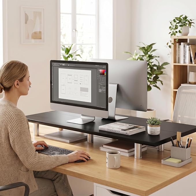 Fenge 39.4” Dual Monitor Stand with Height Adjustable Legs, Black | Wooden & Steel, Ergonomic Height 3.6" to 4.4", Underneath Storage, Holds up to 99lbs, Laptop Monitor Stand for Home Office