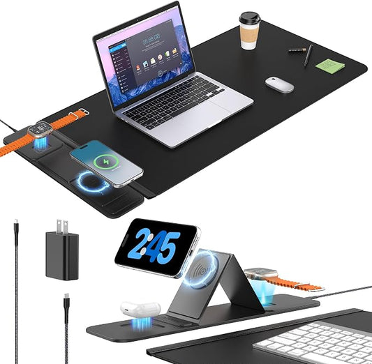 25W Wireless Fast Charging Mouse Pad with Foldable Phone Holder, 2nd Gen 3-in-1 Wireless Charging Desk Mat 35.4" x 15.7" Large Waterproof Desk Pad for Office, Gaming & Home
