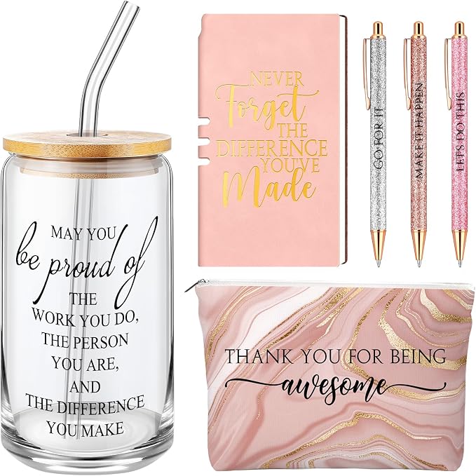 Funnymoom 6 Pcs Appreciation Gifts Set for Women Back to School Teacher Gifts Employee Thank You Gift with 17 oz Glass Tumbler Journal Pens and Pouch for Coworkers Educators,Marble,Pink