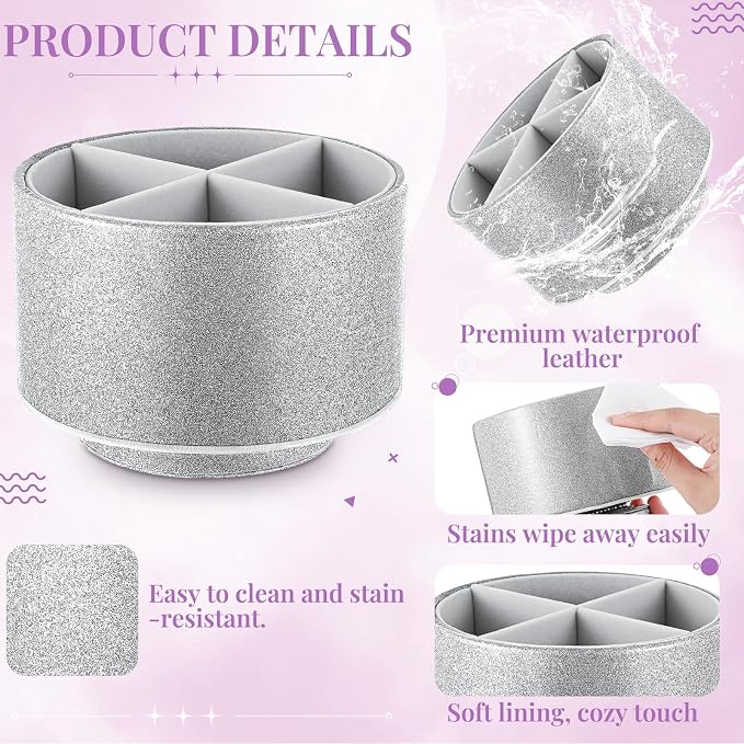 Epakh PU Leather Glitter Pen Holder 360 Degree Spinning Silver Bling Pencil Cup Gift for Teacher Women Girls Makeup Brush Organizer Cup Desk Office Classroom Home Back to School Festival (6 Inch)