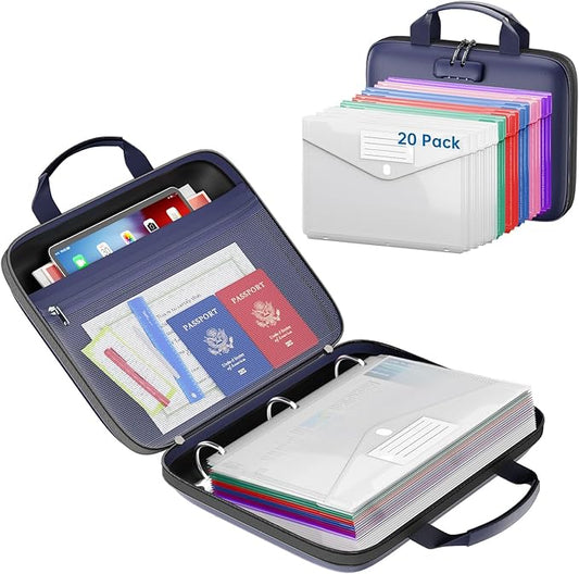 Binder Folders Organizer with 20 Pack Heavyweight Plastic Pockets,Fireproof File Folder Box with Lock,Zipper Binder Bag for Important Documents,Letter Size,Blue