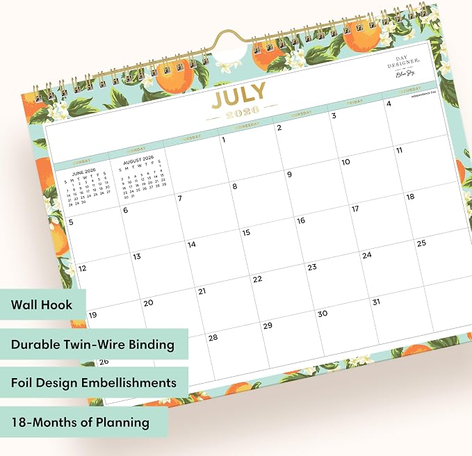 Blue Sky 2026-2027 Monthly Academic Wall Calendar, 11"x8.75" Orange Blossom | July 2026 - December 2027, Durable Twin Wire Binding, Colorful Interior, For Home, Office And Classroom, Day Designer