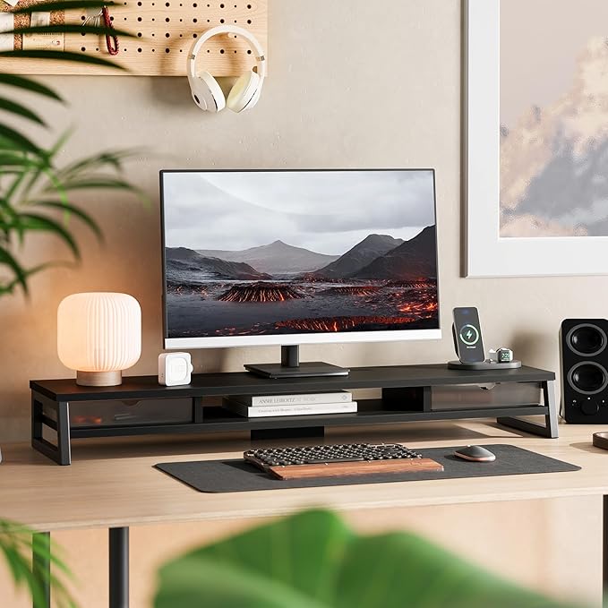 Fenge Dual Monitor Stand Riser, 42.5in Desk Shelf with 2 Drawers, Black | 2-Tier Monitor Shelf for Desk, Storage Drawer with Stopper, Frosted, fit Home Office, Ultrawide Screen, PC, Laptop, TV