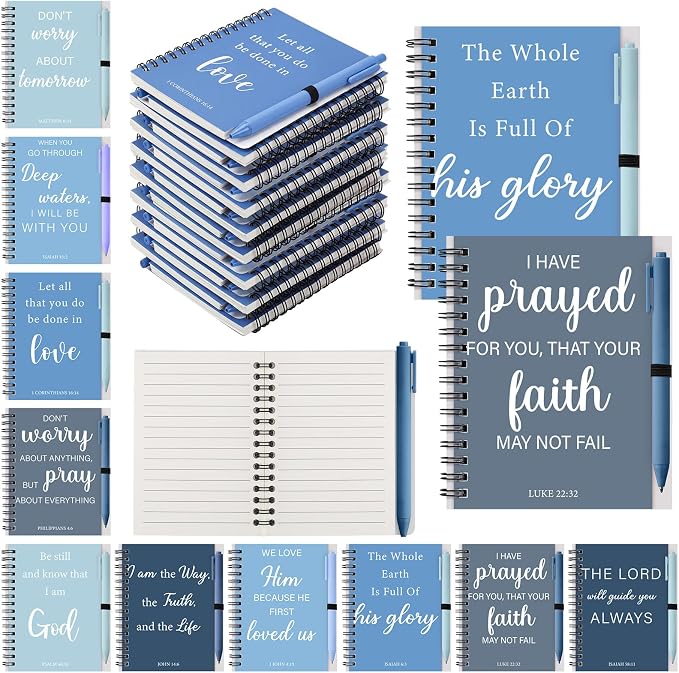 10 Set Christian Gifts Bulk Include Spiral Notebook and Bible Verse Ballpoint Pen Prayer Journal Religious Scripture Notepad for Church Sunday School Men Women Teacher