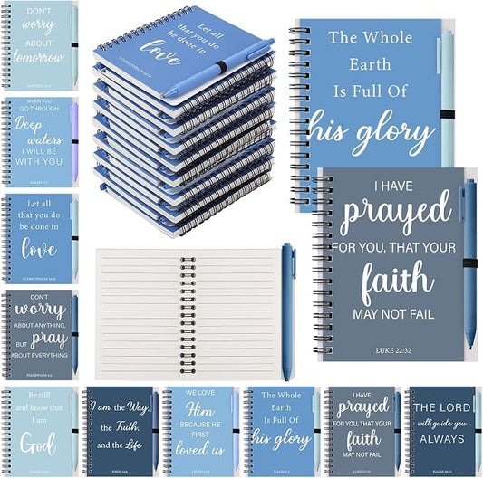 10 Set Christian Gifts Bulk Include Spiral Notebook and Bible Verse Ballpoint Pen Prayer Journal Religious Scripture Notepad for Church Sunday School Men Women Teacher