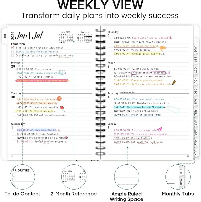 Academic Planner 2026-2027, Weekly and Monthly Calendar Book, July 2026 – June 2027, Hardcover Planner with Tabs, Perfect for Teachers, Students, Women & Men, A5 (6.4" x 8.5") - Leaf