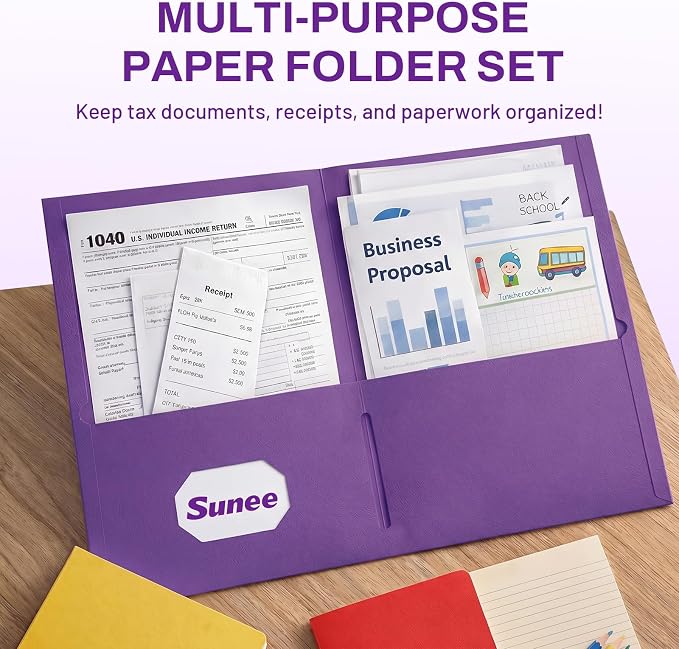 SUNEE Folders with Pockets, 50 Pack File Folders with Business Card Slot, Textured Paper, Fit Letter Size Paper, Paper File Folder for School Office Home Business, Purple