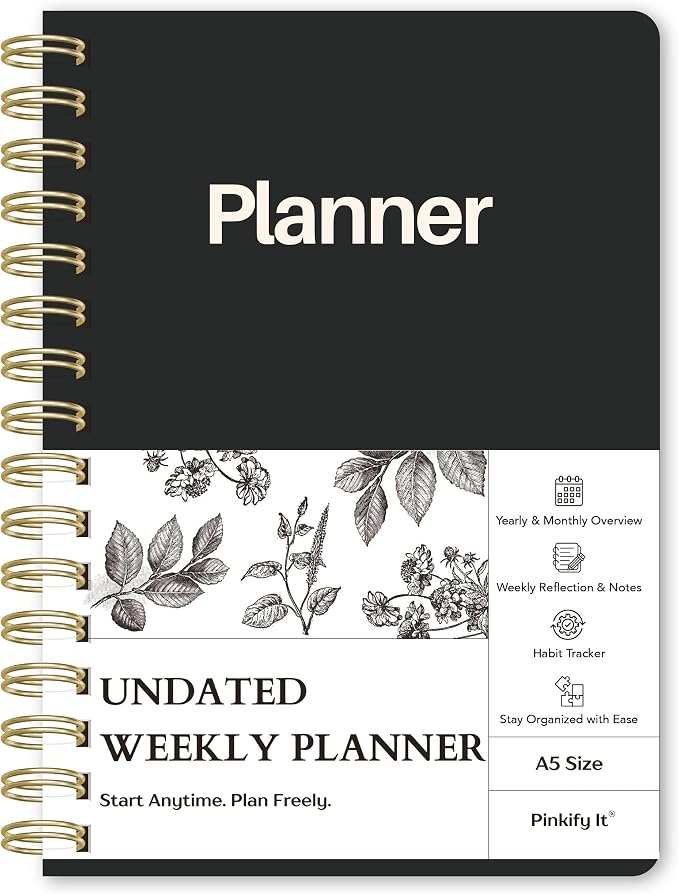 Undated Weekly Planner, A5, Dashboard Layout, Black | Dateless, Top Priorities, To Do List, Habit Tracker, Weekly Notes Space, Weekly Reflection, For Work, School & Life