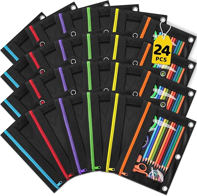 24 Pack Pencil Pouch for 3 Ring Binder, Featuring Colored Zippers & Transparent Windows, Multicolors Fabric Pencil Case Pouch Durable Zipper Pencil Bags in Bulk for Office School Supplies (6 Colors)