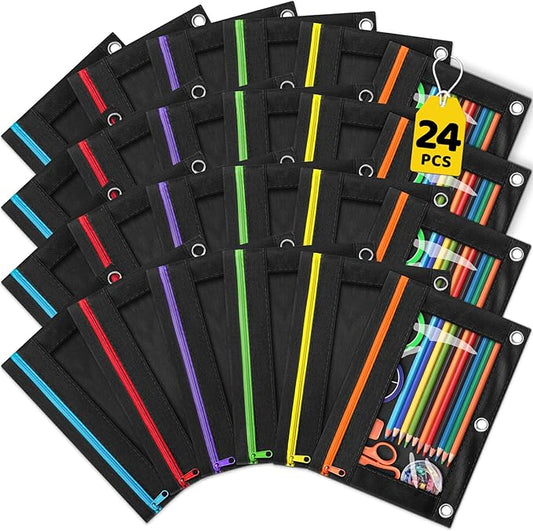 24 Pack Pencil Pouch for 3 Ring Binder, Featuring Colored Zippers & Transparent Windows, Multicolors Fabric Pencil Case Pouch Durable Zipper Pencil Bags in Bulk for Office School Supplies (6 Colors)