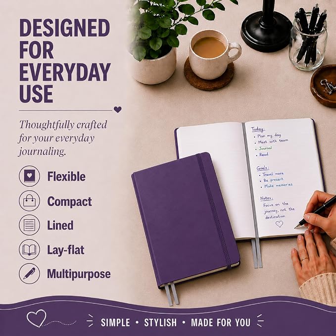 Eccolo Cool Jazz Hardbound Writing Journal, 192-Page Lined Paper, Lay-Flat | Elastic Band Closure, Interior Gusset Pocket, Double Ribbon Bookmarks and Built-In Pen Holder, Durable Section-Sewn Binding